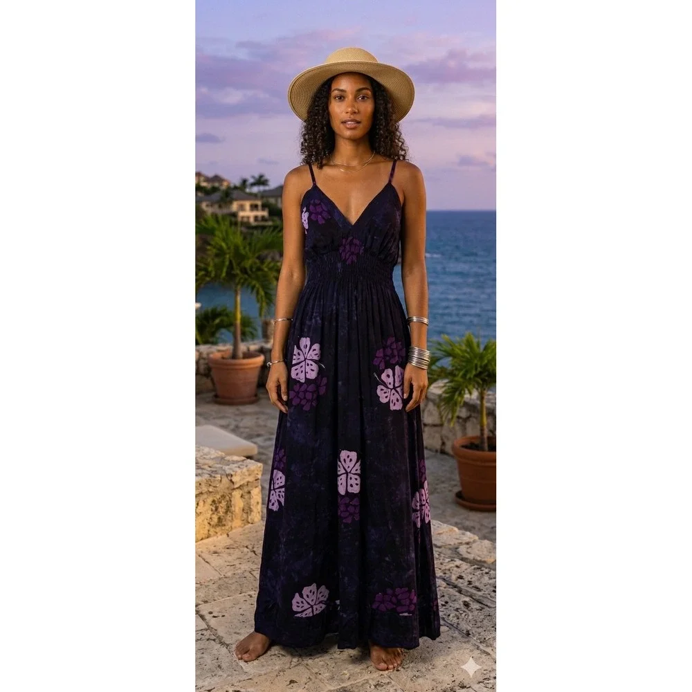 Hula Hawaii Women Purple Hibiscus Floral Batik Smocked Maxi Dress One Size OS